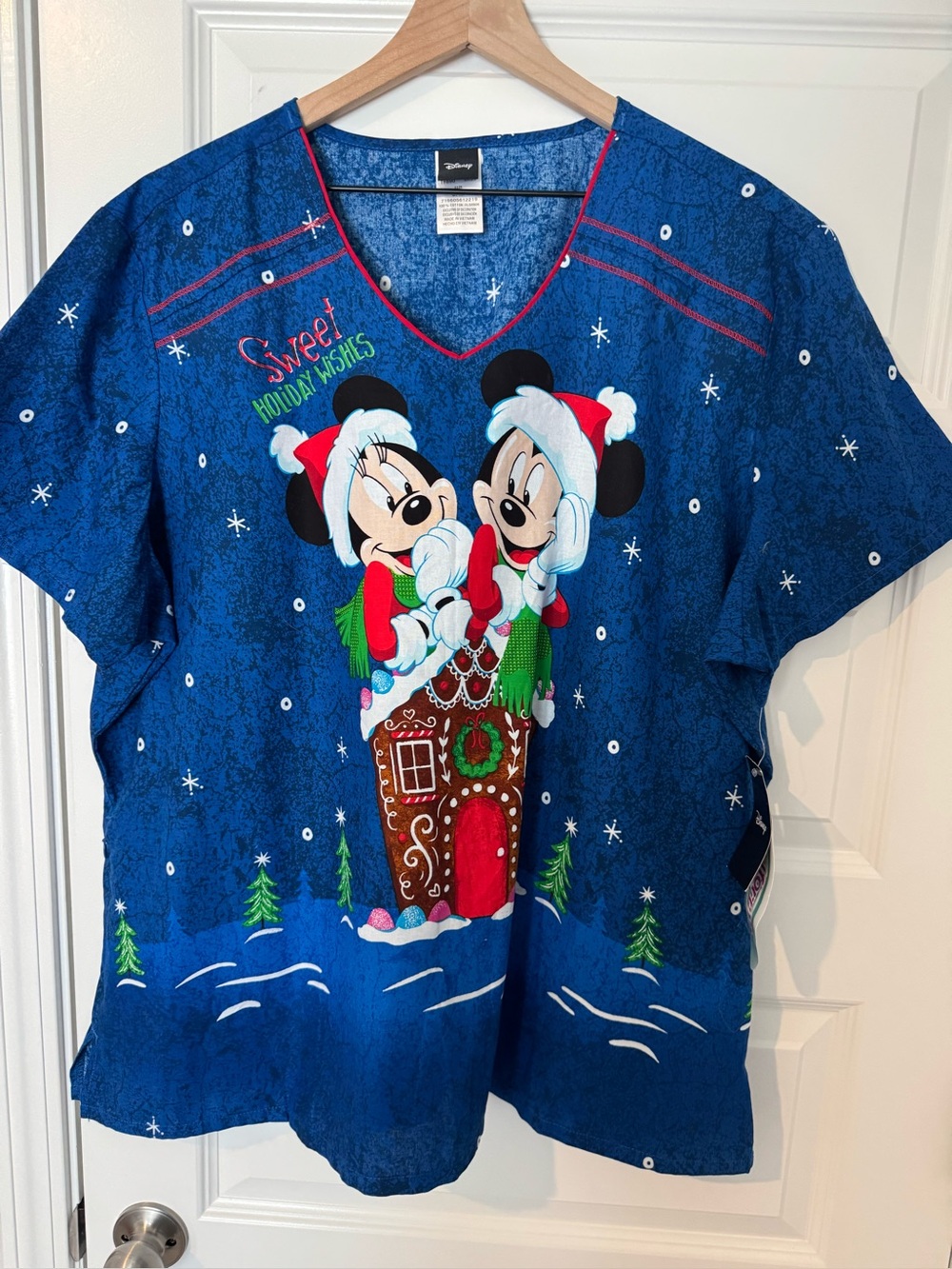 Disney Blue Kids Holiday Mickey & Minnie V-Neck Scrub Top